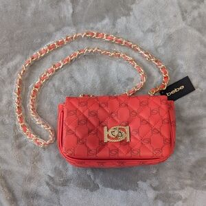Bebe Orange Crossbody‎ Handbag Purse Gold Hardware Chain Strap Quilted Fall 8x5